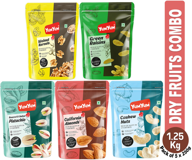 YUM YUM Dry fruits combo pack of 5 Healthy Badam, Kaju, Pista, Kishmish, Akhrot 1.25 KG- Almonds, Cashews, Pistachios, Raisins, Walnuts(5 x 250 g)