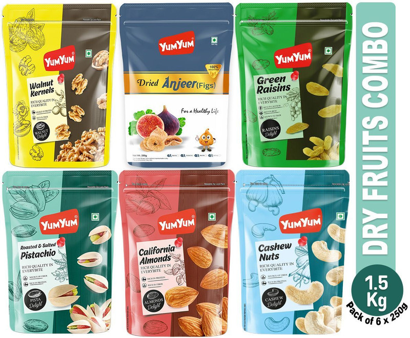 YUM YUM Premium Dry Fruits Combo (Badam, Kaju, Pista, Kismis, Anjeer & Akhrot Giri) - Almonds, Cashews, Pistachios, Raisins, Walnuts, Figs(6 x 250 g)