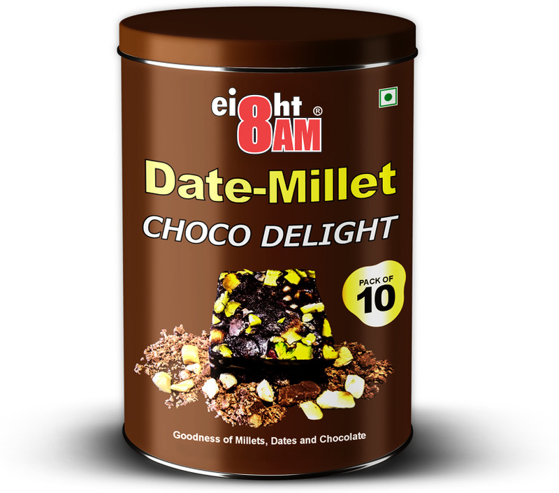 8AM Dates Millet Choco Delight Pack of 10 Made with Dates, Almonds, Cashews, Pistachios(10 x 20 g)