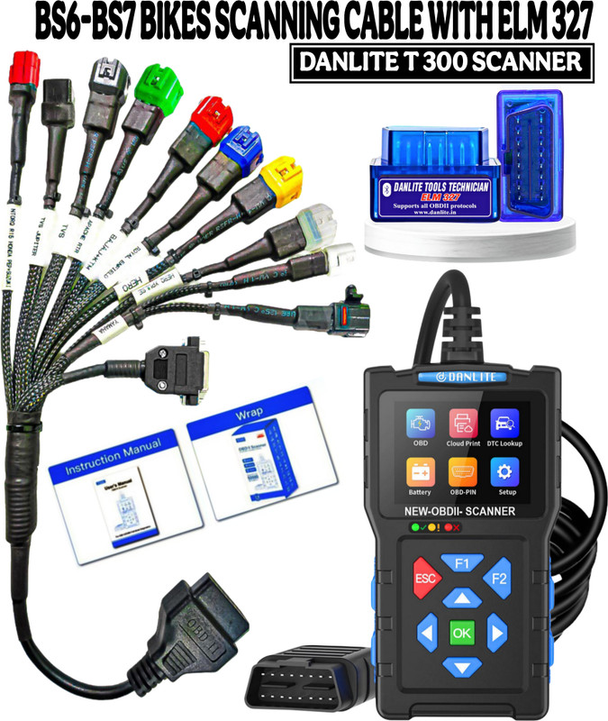 Danlite BS6 BS7 Bike Scanning Cable with T300 OBD-II Scanner Blue ELM 327 Tool OBD Reader