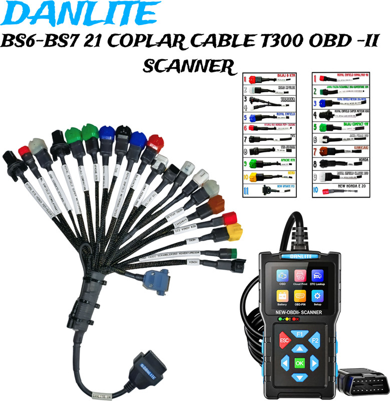 Danlite T300 OBD2 Scanner with 21 Coupler Cable Kit for BS6 BS7 Bikes OBD Reader