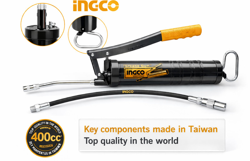 INGCO 400CC / 14Oz Heavy-Duty Grease Gun, with High Pressure Flexible Nylon Hose, Manual Pump(0.4 g Pack of 3)