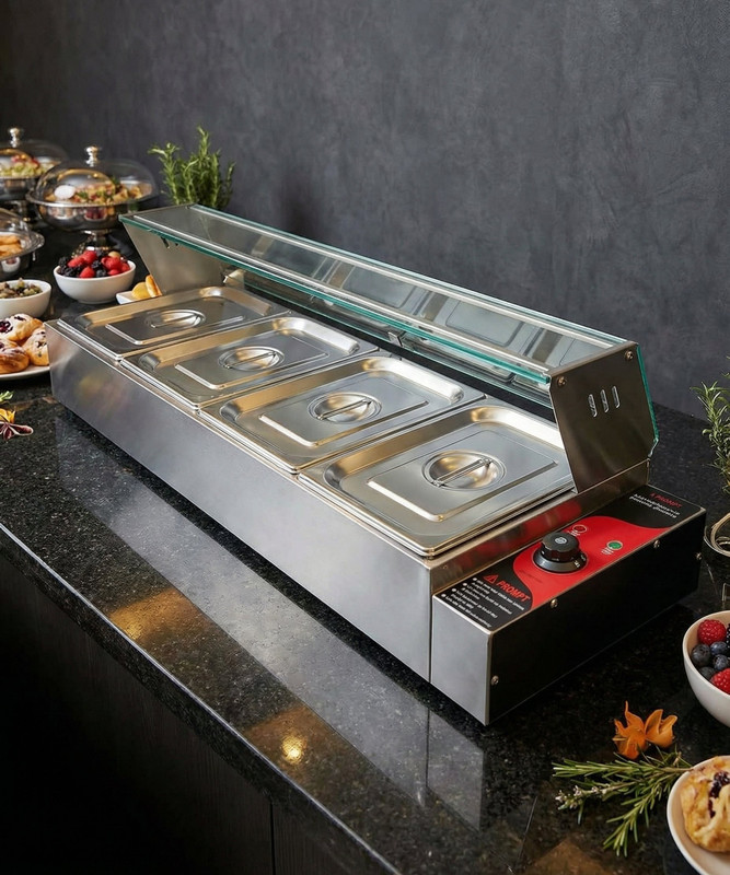 Habib 40-Litre 4-Pan SS Bain Marie Food Warmer with Glass Cover for Buffet Catering & Hotel(SILVER)