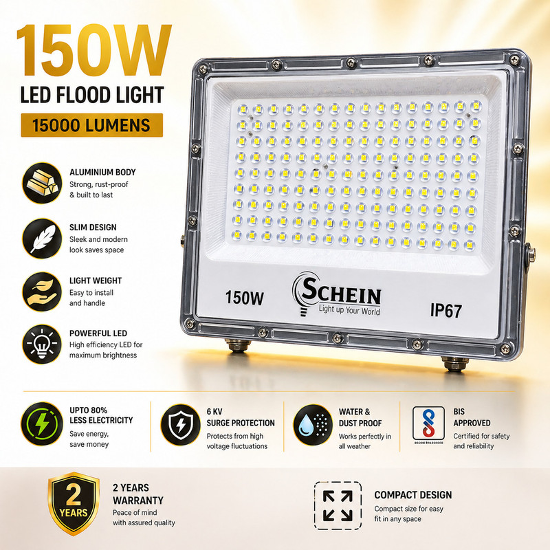SCHEIN 150 Watt LED Flood Light | White | Pack of 1 | BIS Certified | Outdoor Flood Light | Slim Design | Lightweight Body | Weatherproof Street Security Light Flood Light Outdoor Lamp(Grey)