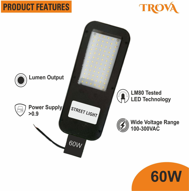Trova 60W LED Street Light _ High Brightness 6000 Lumens, Energy Saving Outdoor Lamp for Roads, Parking Lots, Street Light Outdoor Lamp(Black, Grey)