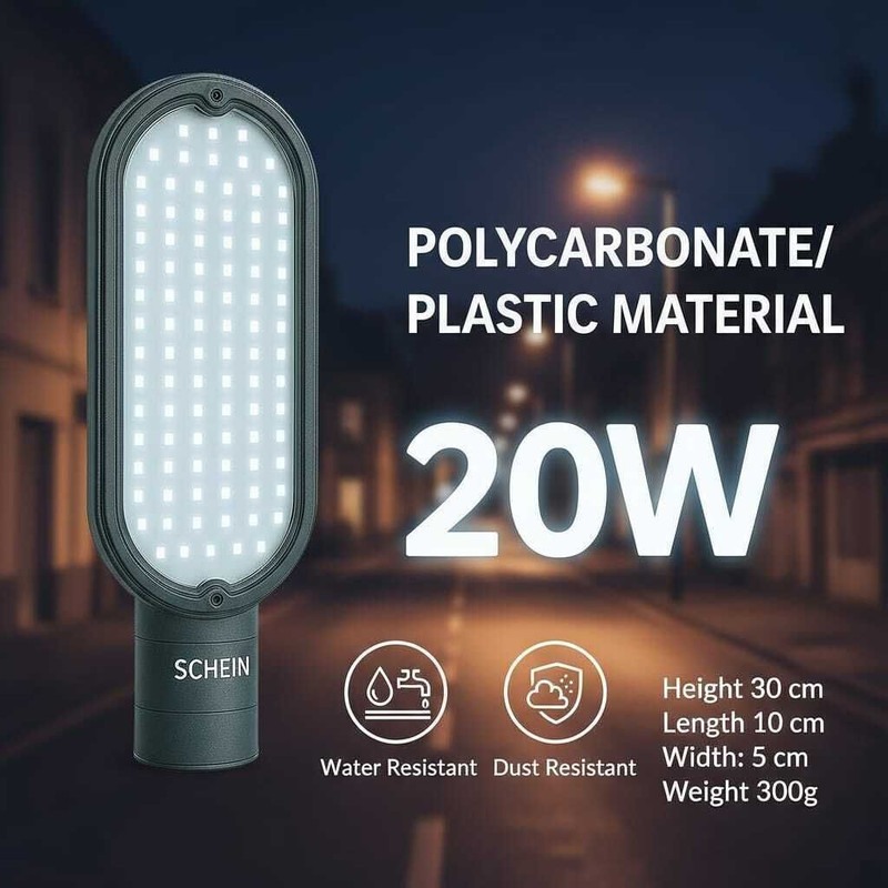 SCHEIN 20W Polycarbonate LED Street Light | PLUG & PLAY | Manual Control Operation | Bright, Energy Saving Outdoor Light | Long Life LED 50000HOURS | IP66 Waterproof & Dust Resistant | BIS & ISO Certified | Ideal for Streets, Farms & Parking Areas | Pack of 1 Street Light Outdoor Lamp(White)