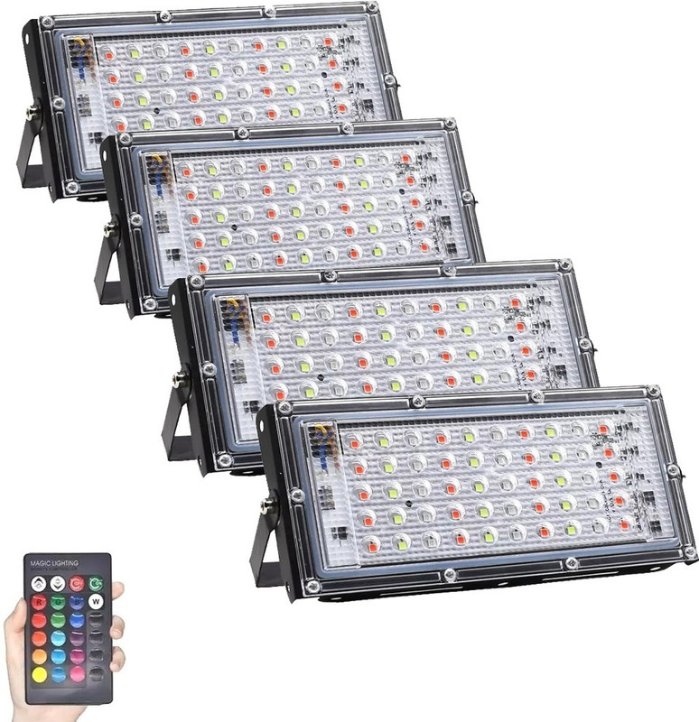 qlear RGB 50W LED Spotlight 7 Modes LED Burner, Waterproof IP65 Wall Mount with Remote Control (Pack Of 4) Flood Light Outdoor Lamp(Red, Green, Blue, Yellow, Pink, Multicolor)