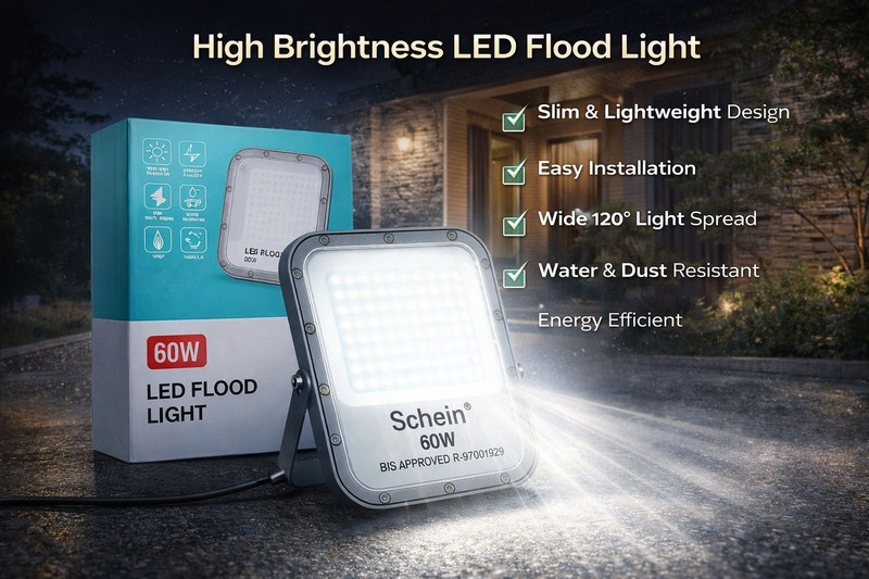 SCHEIN 60W LED Flood Light | White | Pack of 1 | Powder Coated Grey Finish Aluminium Body | Outdoor Weather Proof Water & Dust Resistant | Best for Warehouse, Parking Area & Street Light Use Flood Light Outdoor Lamp(Grey)