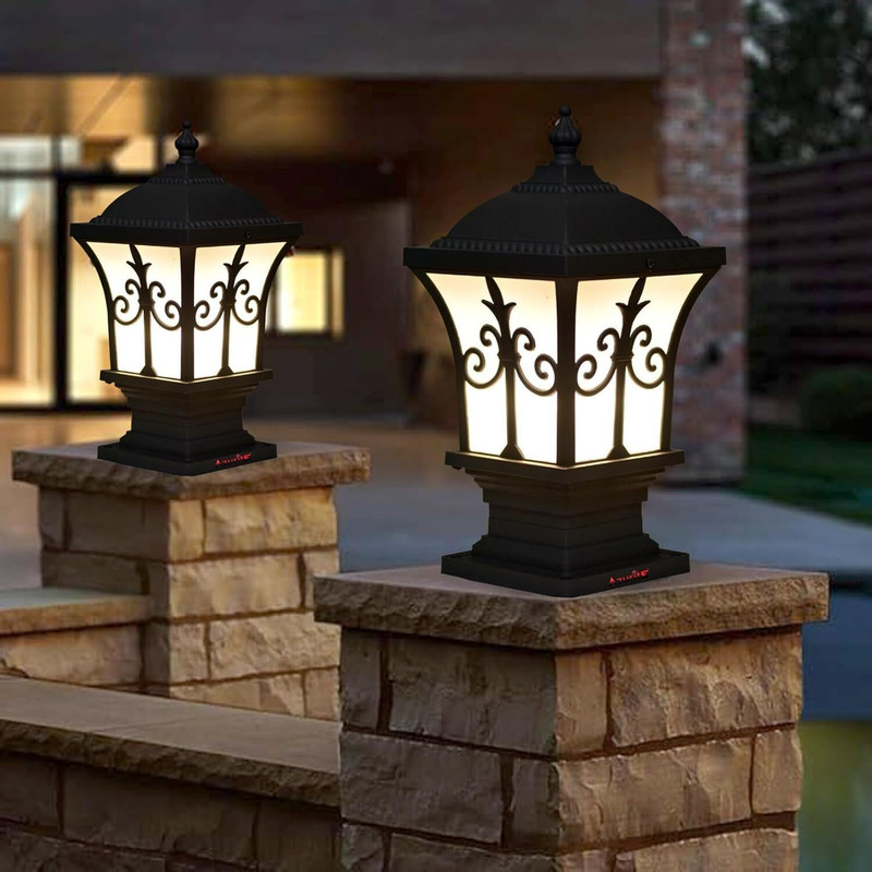 Areezo Black Modern Pillar Lamp for Main Gate, Boundary Wall, Garden (Bulbnot Incl.) (Pack of 2) Gate Light Outdoor Lamp(Black)