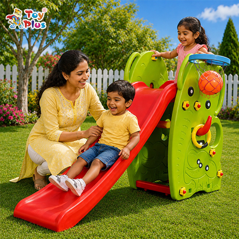 Toy Plus Baby Play Slide with Basketball Hoop and Climber for Toddlers Kids(Green, Red)