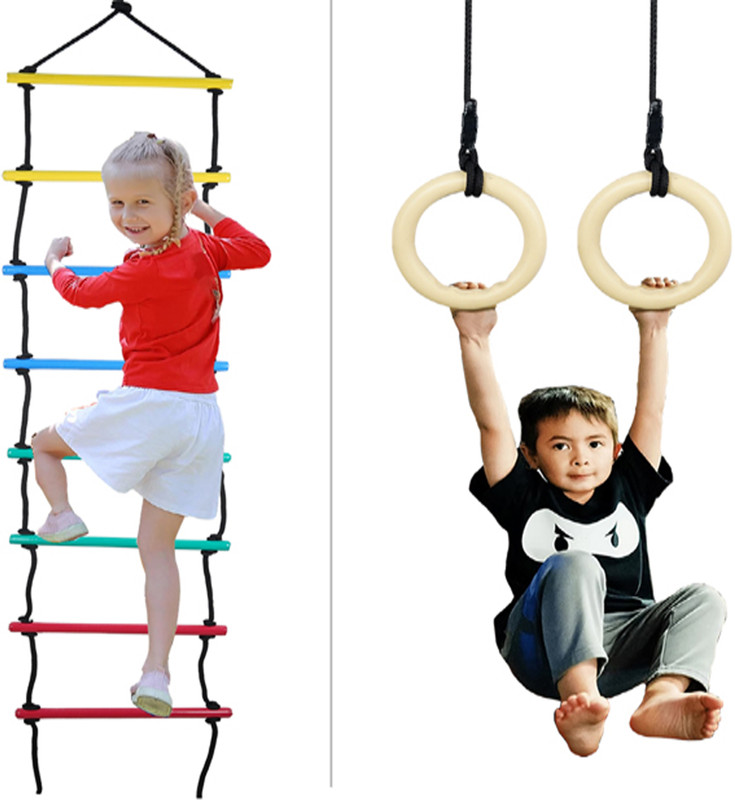 BOFFLE 2-in-1 ABS Gymnastic Rings Set with Climbing Rope Ladder Swing for Kids(Yellow, Red, Blue)