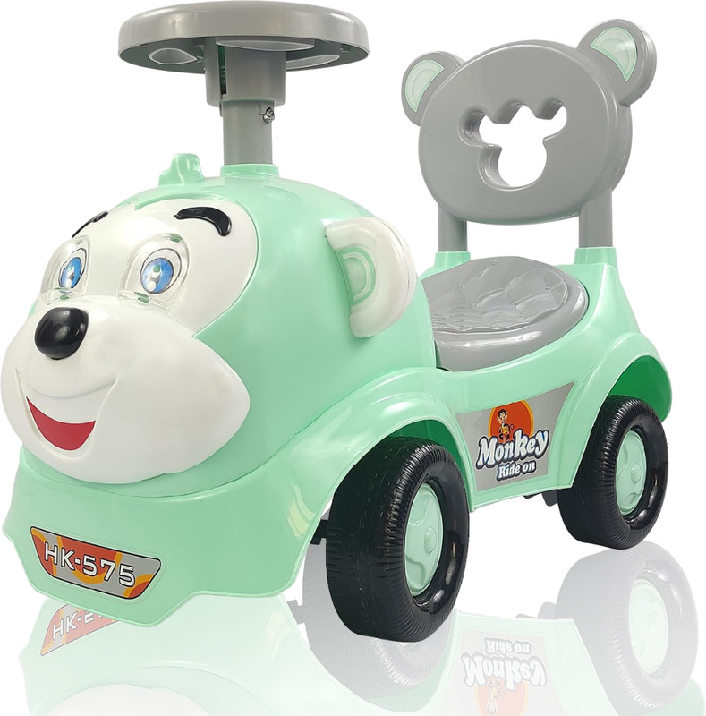 Little Funky Monkey Push Rideon's Car With Toy Bar Storage & Back Rest For Boys & Girls(Green, Grey)