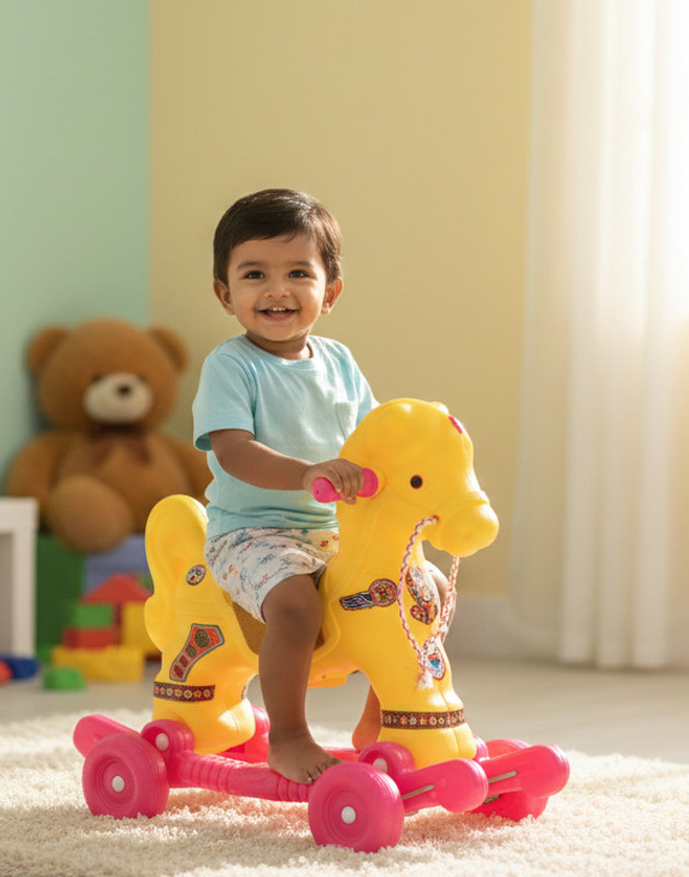 oh baby New Chetak 2-in-1 Ride-On & Rocker Horse Toy for Kids | Non-Battery Operated(Yellow, Pink)