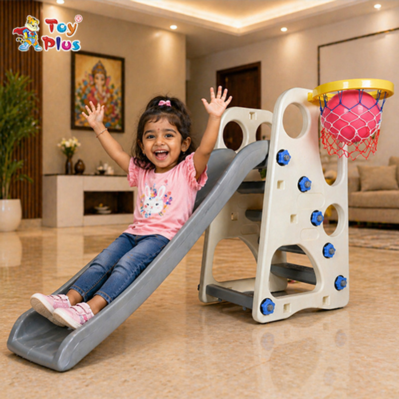 Toy Plus Plastic Kids Slide with Basketball Hoop & Durable Build(Grey)