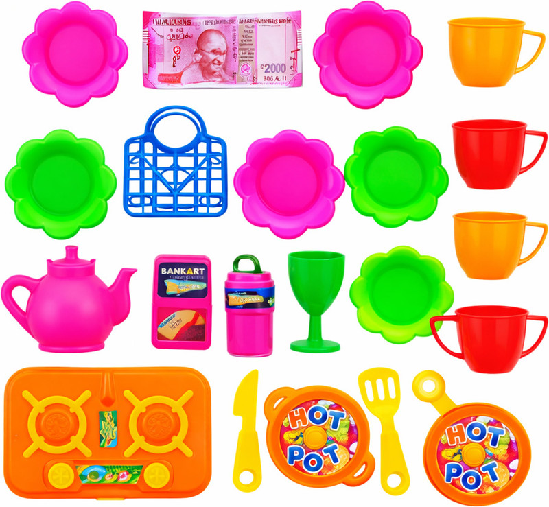 BhuviranStores Kids Plastic Kitchen Toy 21 Pcs Set with Stove, Utensils, Cups & Plates(Multicolor)