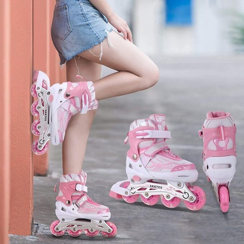 HouseOfCommon Adjustable Inline Skating Shoes with LED Flash Light On Wheels With Carry Beg In-line Kids Size 8C UK - 12C UK(Adjustable, Advanced, Beginner, Intermediate, Recreational, Training, Pink)
