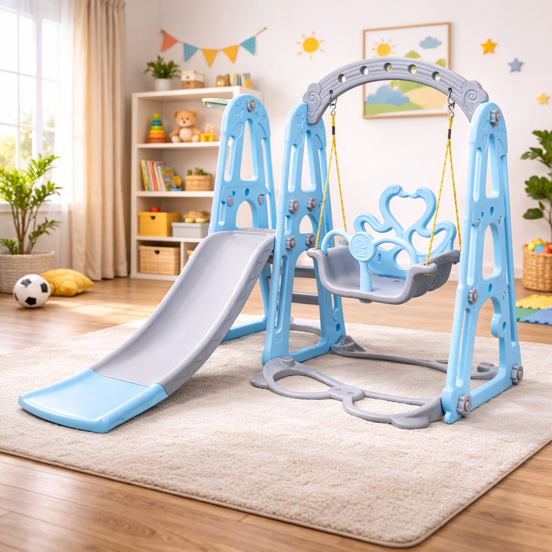 PLAYGRO 3-in-1 Kids Super Prime Swing Slider Combo with Basketball Hoop(Blue)