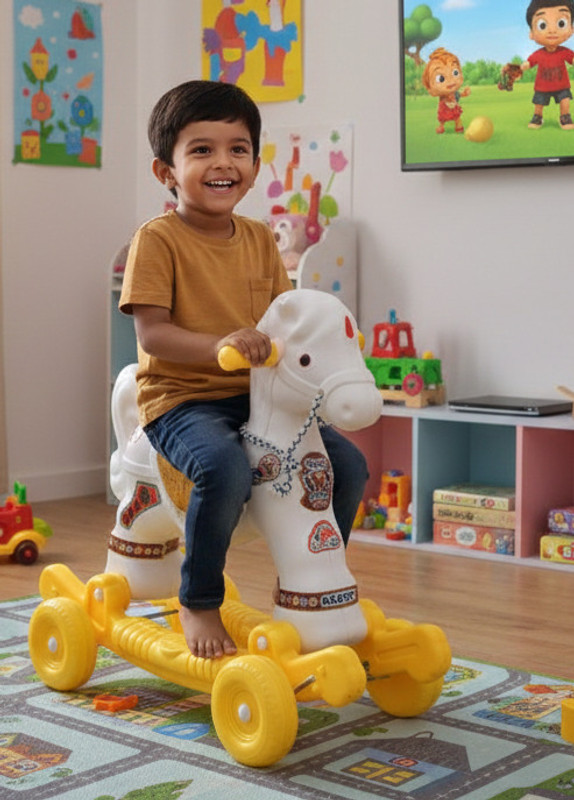 oh baby New Chetak 2-in-1 Ride-On & Rocker Horse Toy for Kids | Non-Battery Operated(Yellow, White)