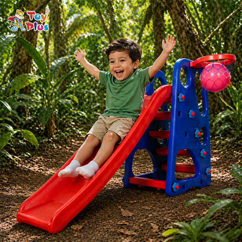 Toy Plus Kids Plastic Slide with Basketball Ring & Smooth Sliding Surface(Multicolor)