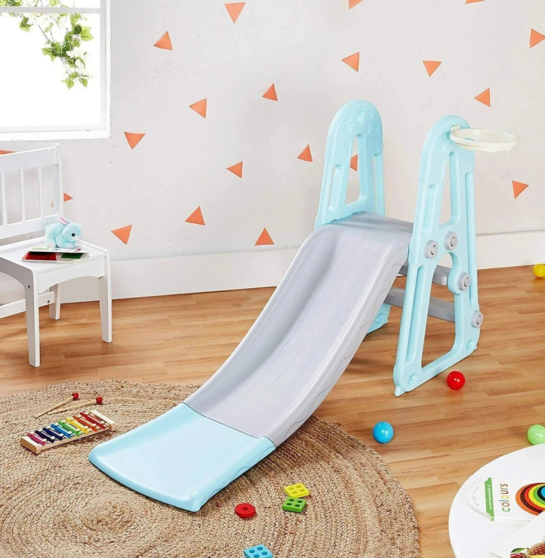 Mother's Love GARDEN SLIDE FPR KIDS WITH EXTENDED BUFFER , BABY GARDEN FOLDABLE SLIDE WITH BASKETBALL RING , BABY SLIDE FOR BOYS AND GIRLS FOR INDOOR OUTDOOR PLAY (1 YEAR-5 YEARS )(Blue, Grey)