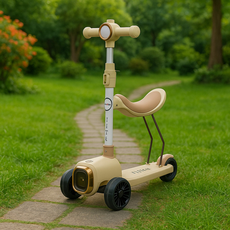 Fun Ride 2-in-1 Kids Kick Scooter, Adjustable Height Handlebars and Removable Seat(Beige)