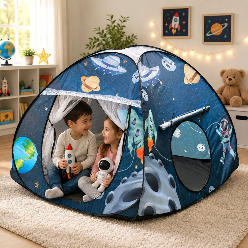 SILVER SHINE Foldable Play Tent House Big Size for Girl Boys with Planet Theme(Blue, Beige)