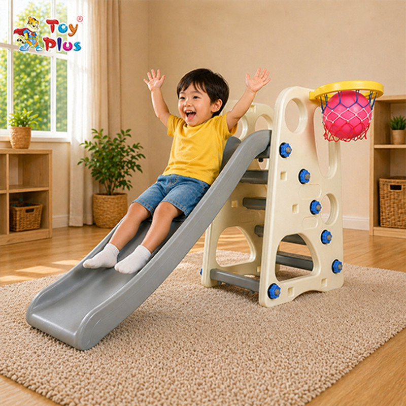 Toy Plus Toddler Play Slide with Basketball Ring & Strong Support Base(Grey)