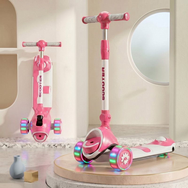 StarAndDaisy Kick-On Scooter for Kids with 3 Wheels LED Light, 4 Adjustable Height(Pink, White)