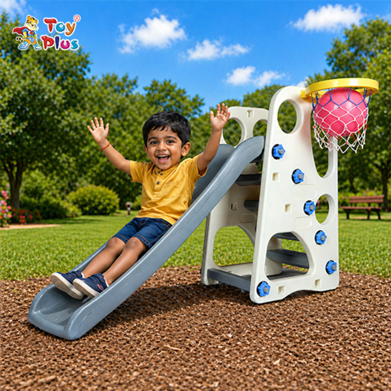 Toy Plus Kids Fun Slide with Mini Hoop & Ball for Home Play Area(Grey)