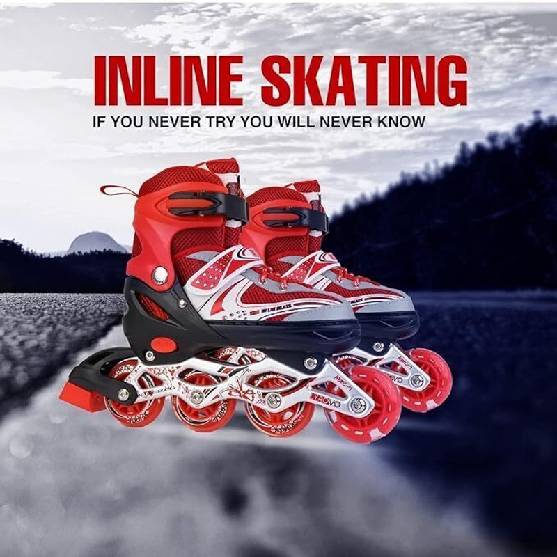 HouseOfCommon Latest Inline Adjustable Skates LED Light On Wheels Pack with Carry Bag In-line Kids Size  8C UK - 12C UK(Adjustable, Advanced, Beginner, Intermediate, Recreational, Training, Red)
