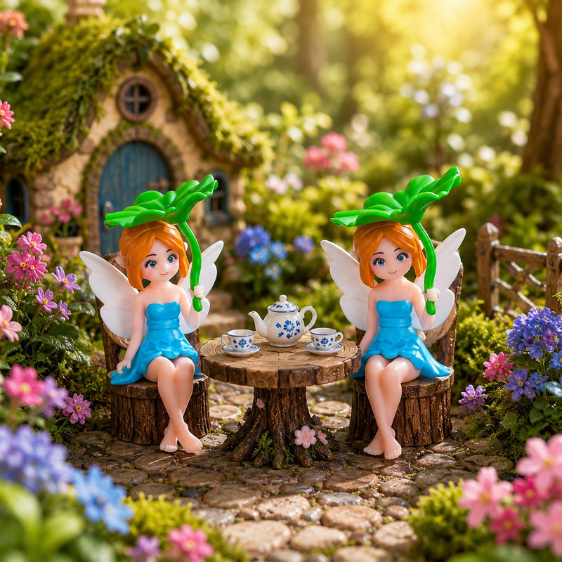 MERRILY Miniature Fairy Figurines 2 Pcs Small Flower Fairies(Blue)