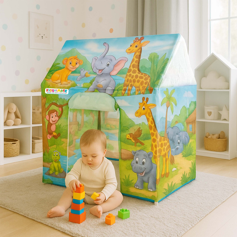 Kidsmate Jungle-Themed Play Tent for Kids | Foldable, Cute Animal Prints | Age 2 Yrs & Up(Green)