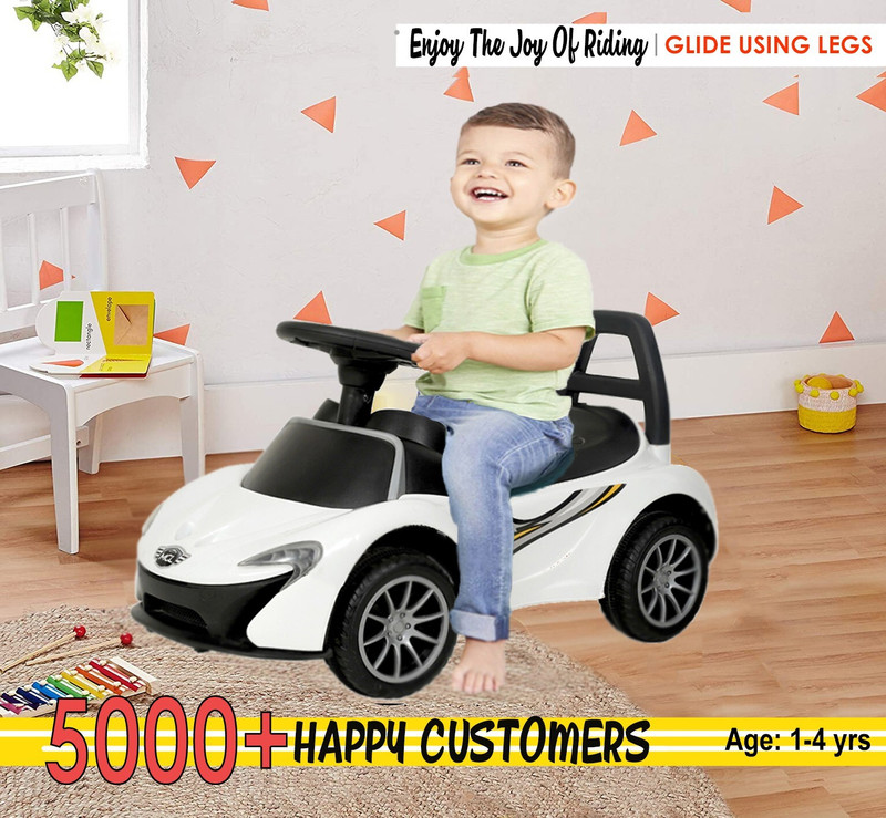 Pandaoriginals Musical Car with Front and Rear Lights, Steering Drive, Perfect for Kids MCLAREN Rider With Music And Lights | 12months to 3years | DURABLE Tricycle(White)