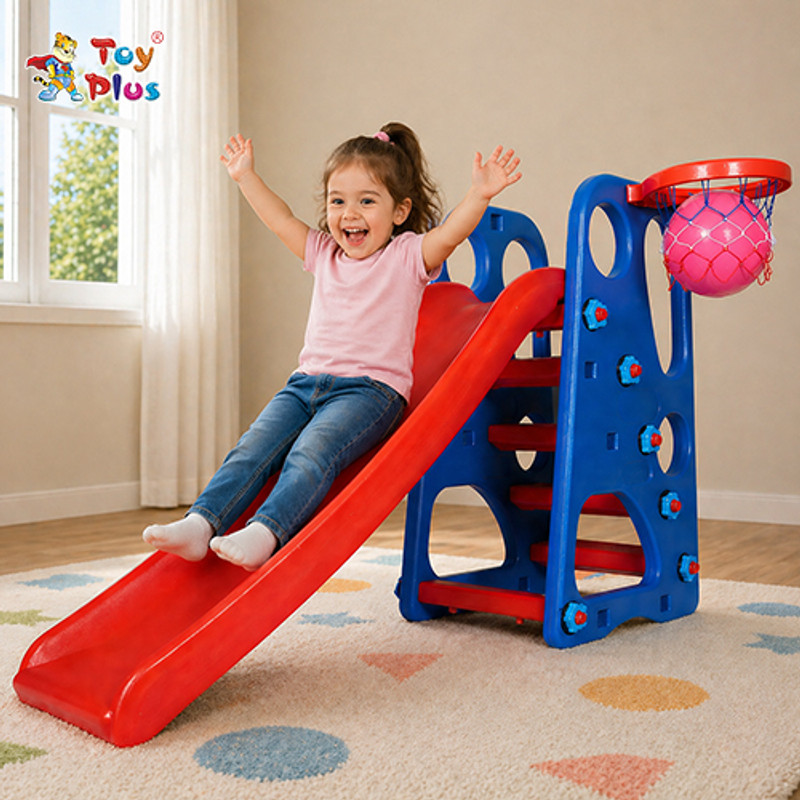 Toy Plus Toddler Slide with Ladder & Basketball Hoop for Home Play(Multicolor)
