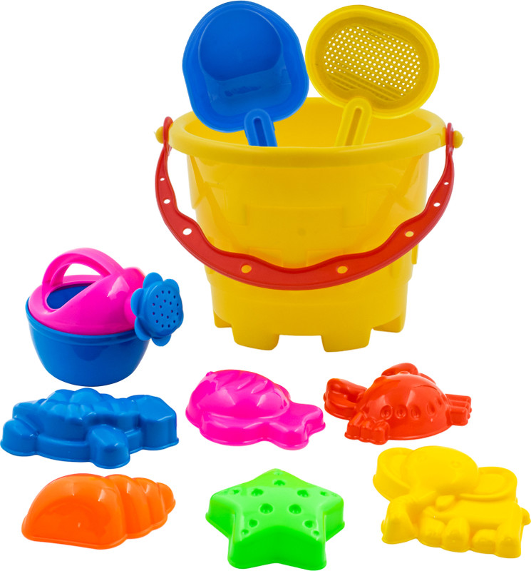 WISHKEY Sand Game Castle Building Beach Toy 10 Pcs Playset with Molds, Tools, & Bucket(Multicolor)