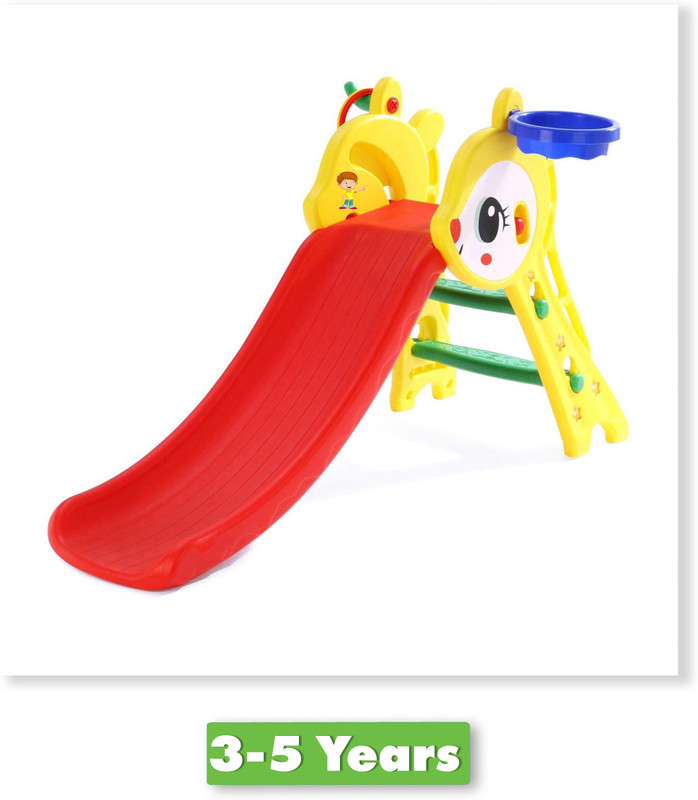 FLIPZON Foldable Baby Garden Rabbit Slide for Kids with Basketball Hoop and Ring Hoopla, Indoor-Outdoor (L-130 cm x B-50 cm x H-70 cm) (Foldable)(Multicolor)