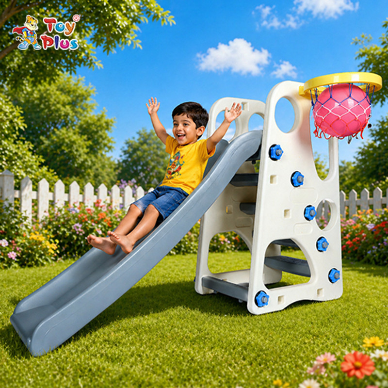 Toy Plus Kids Slide Combo with Ladder & Basketball Game for Toddlers(Grey)