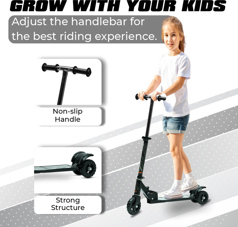 KIDBITKART Tractor Wheels Steel Frame Foldable & Height Adjustable Handle Scooter(Black)