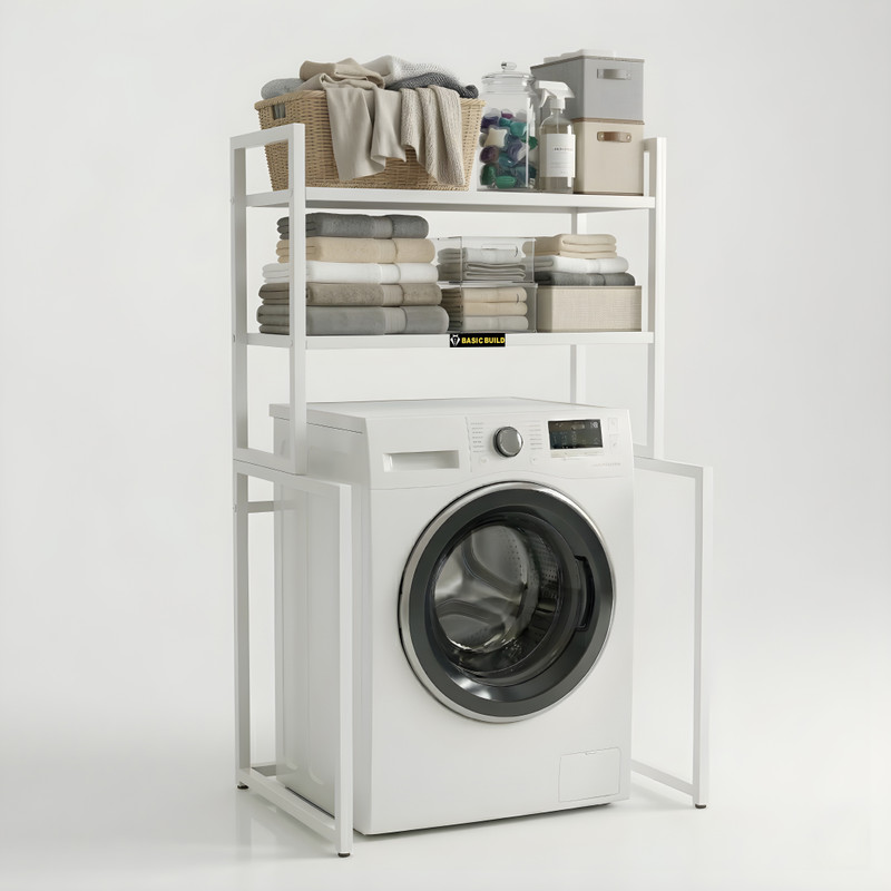 basic build 2 Shelf Heavy Duty Washing Machine Stand | Metal Laundry Rack Organizer (White) Overhead Storage Shelf