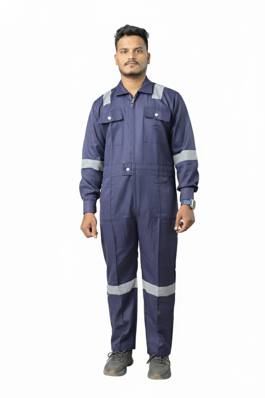 AREEVANZ Men's Cotton Industrial Boiler Suit NavyBlue Color with Two Inch Reflective Tape Paint Coverall(M)