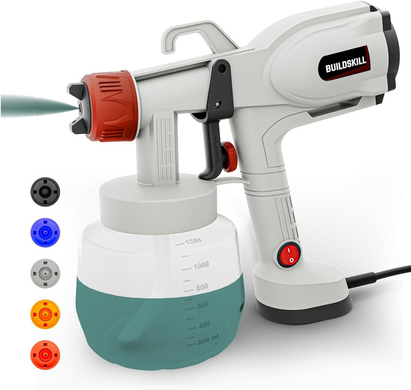 BUILDSKILL 1200ML Paint Sprayer | 5 Nozzles | 400W Copper Motor | 38000RPM No Load Speed BPS2500 HVLP Sprayer(Grey)