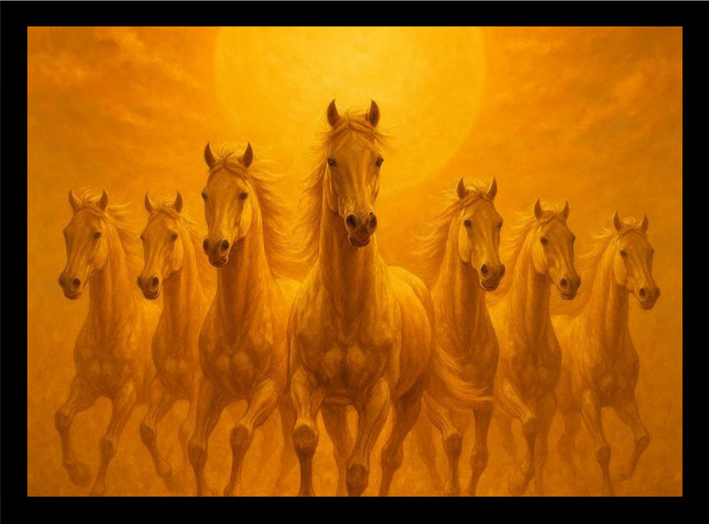 Manarayan Creation Running Horses Storm Energy Good Luck Frame A4 Black-202 14.4 inch Wall(Black)