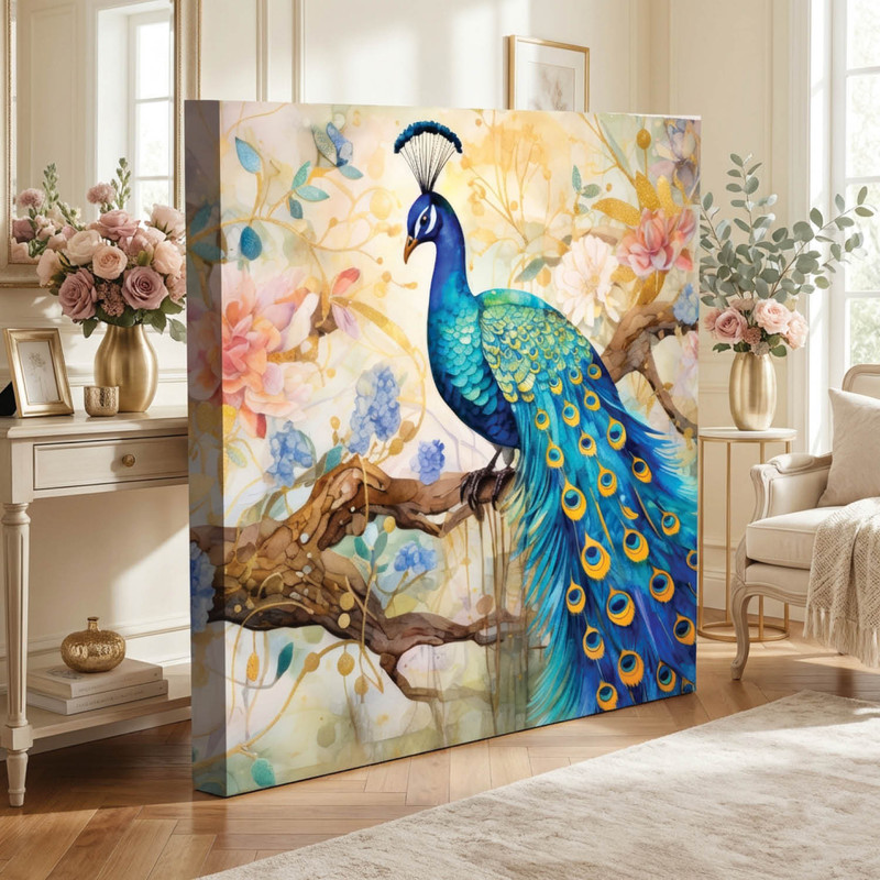 BOSCO Royal Peacock Canvas Wall Art Canvas 16 inch x 16 inch Painting(With Frame)