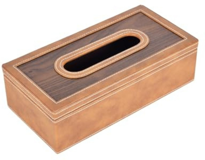 PREMSONS Premsons® Classic Leatherette Tissue Box – Rectangular, Wooden Top (Light Brown) PS14949 Paper Dispenser
