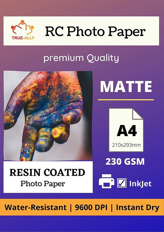 True-Ally A4 Premium 230 GSM RC (Resin Coated) Water Resistant Instant Dry Luster (Matte) Inkjet Photo Paper A4 8.5 x 11 inch (A4-40 Sheets) Unruled A4 230 gsm Photo Paper(Set of 1, White)