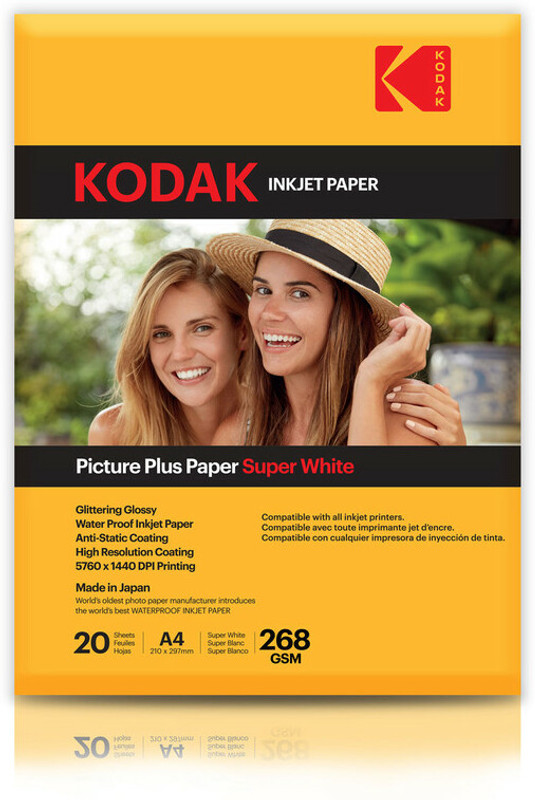 KODAK 268 GSM 20 Sheet RC(ResinCoated) HighGlossy Picture Plus Super White Waterproof unruled A4 (210x297mm) Inkjet 268 gsm Photo Paper(Set of 1, White)