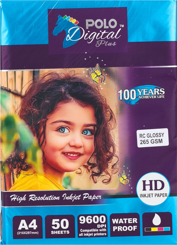 Nice Colour POLO Digital RC Glossy Photo Paper, 50 Sheets High Resolution 9600 DPI A4 265 gsm Photo Paper(Set of 1, White)