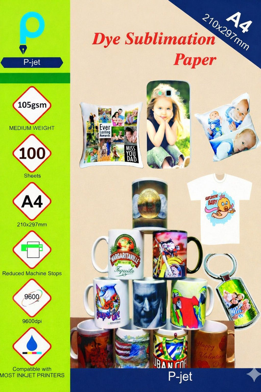 P-JET Dye Sublimation Paper (A4 Size, 100 Sheets, 210x297mm) | Fast Drying Vivid Dye Sublimation Heat Transfer Paper Sheet For T-Shirt Printing | Use Sublimation Ink A4 105 gsm Sublimation Mug Printing Paper(Set of 1, White)