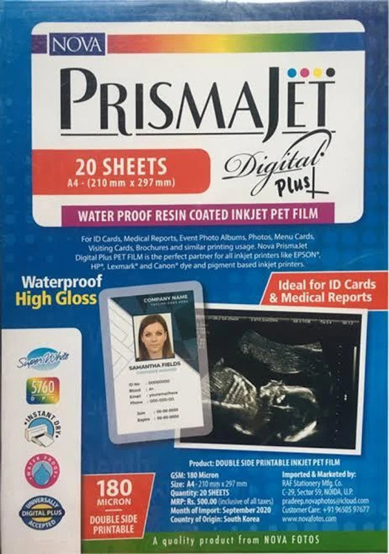 NOVA Prismajet A4 20 Sheets 180 Micron Double side printable id card, Medical reports Unruled A4 180 gsm Photo Paper(Set of 1, White)