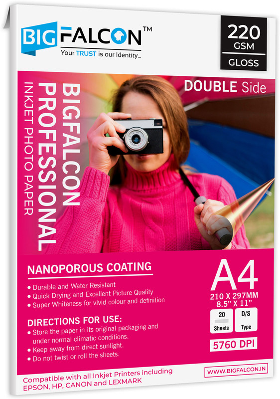 BIGFALCON Professional A4 Double Sided Glossy Inkjet Photo Paper 220 GSM (20 Sheets) Unruled A4 (8.5x11 inch) 220 gsm Photo Paper(Set of 1, White)